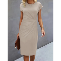 Damen Elegante Gerafftes Bodycon Kleid | Kurze Ärmel – Beige