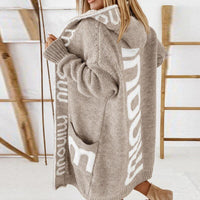 Lena Strickjacke - Drucktasche Winter-Kapuzen-Strickjacke – Beige
