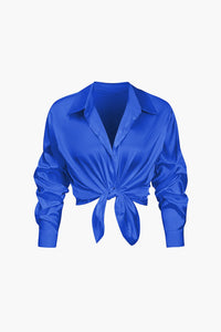 Damen Geknöpft Lang Bluse – Blau