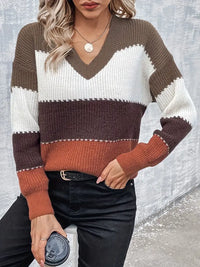DAME FREIZEIT V-AUSSCHNITT GESTREIFTER PULLOVER | MODERNER STIL, KOMFORTABEL, VIELSEITIG – Gemischte Farbe