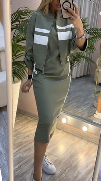Feyra™ - Lässiges und Stilvolles Set mit Rundhalsausschnitt-Kleid und Jacke für Damen – Grün