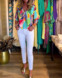 Heidi-Mode | Bunte Langärmlige Bluse mit Print – Mehrfarbig