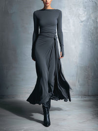 Laura | Damen Elegant Drapiertes Langarm Maxikleid – Grau