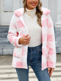 Leyestra | Kariert Gemusterter Teddy-Mantel mit Aufgesetzten Taschen – Rosa
