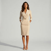 Luisa | Damen Business Tailliertes Midikleid mit 3/4-Ärmeln – Aprikose