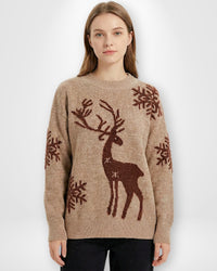 Damen Weihnachts-Pullover mit Rentiermotiv und Rundhalsausschnitt – Kaffee