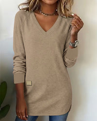 Emma | Modischer Damen Pullover V-Ausschnitt elegant – Khaki
