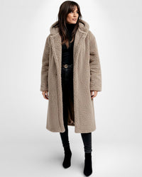 Langer Teddy-Fleece Mantel für Damen mit Kapuze – Khaki