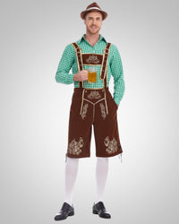 Alexander | Herren Lässig Oktoberfest Lederhose – Grünes Oberteil + braune Hose + brauner Hut