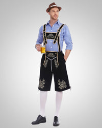 Alexander | Herren Lässig Oktoberfest Lederhose – Blaues Oberteil + schwarze Hose + brauner Hut