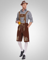 Alexander | Herren Lässig Oktoberfest Lederhose – Schwarzes Oberteil + Braune Hose + Brauner Hut