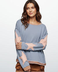 Buntes Langarm-Sweatshirt für Damen mit Applikationen – Hellblau