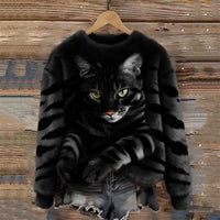 Jules – Weiches Plüsch Sweatshirt Mit Tabby Katzen Und Tiger Muster – Schwarz