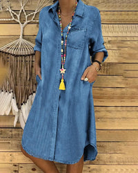 Heidi-Mode | Jeans Midi-Kleid mit Umgeschlagenen Ärmeln und Brusttasche. – Himmelblau