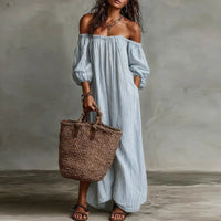 Mia | Damen Gestreiftes Knopfleisten Dreiviertelarm Midi-Kleid – Blau
