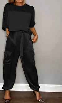 Gianna Sommerliches Zweiteiliges Set | Trendiges Kurzarm-Oberteil mit Hose für Damen – Schwarz