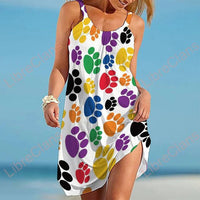 Damen Kleid mit Pfotenabdrücke – Weiß / bunt
