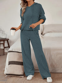 Damen Komfort Zweiteiler aus Strick - Sportlicher Hoodie mit Jogginghose - Relaxed Fit – Blau