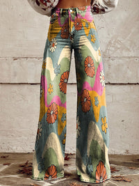 Damen Jahrgang Weites Bein Hose | Bedruckte – Wellen & Blumen