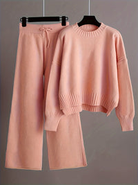 Kuscheliger Damen-Strickpullover mit weiter Jogginghose für kalte Tage – Rosa