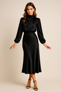 Damen Hochtailliertes Midi-Kleid – Schwarz