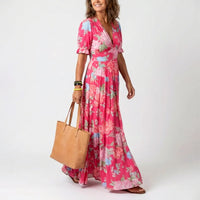 Nancy | Damen Geblümtes langes Sommerkleid – Rosa