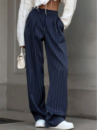 Heidi-Mode | Elegante Nadelstreifen-Faltenhose mit Weitem Bein – Marine