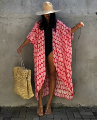 Leona Bohemian Kimono | Sommerlich-stilvoller Strandkimono mit tropischem Muster – Blätter - Rot