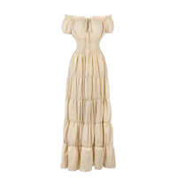 Margaret - Damen Maxikleid mit schulterfreiem Design und gestuftem Rock mit gerafftem Bund – Beige
