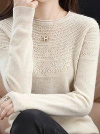 Seyanlah | Eleganter Wollpullover für Frauen - einfarbig, Rundhalsausschnitt – Beige