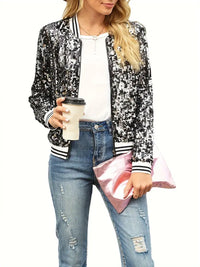 Pavokaya | Kontrastbesetzte, paillettenbesetzte modische Jacke, Langarm-Jacke mit Reißverschluss – Schwarz