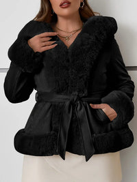 Irenura | Plus Größe Solid Fuzzy Trim Belted Wintermantel, elegante Tasche warme lange Ärmel Mantel – Schwarz