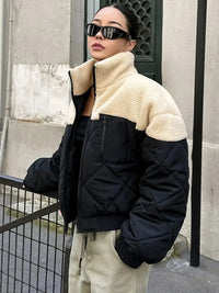Clivona | Color Block Zipper Coat, Vielseitig mit Verdicktem Stehkragen und Langarm – Schwarz