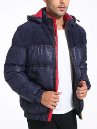 Reigrel | Unifarbene Herren-Pufferjacke mit abnehmbarer Kapuze und Reißverschluss – Blau