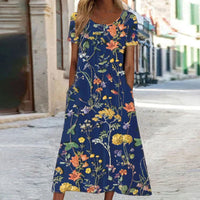 Isabella - Boho Floral Kleid wit Bauchabdeckung – Dunkelblau