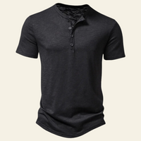Anthony | Herren Lässiges Geknöpftes Kurzarm Henley Shirt – Schwarz