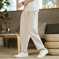 Herren Verstellbar Locker Geschnitten Leinenhose – Beige