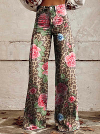 Bequeme Damen Palazzo-Hose mit floralem Muster – Rosa & Leopard