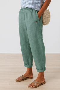 Isabella | Damen Lässige Hose Mit Taschen Und Umschlag – Hellgrün