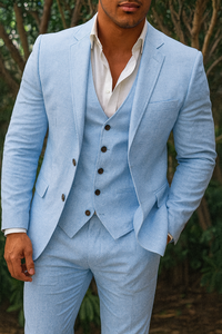 Dreiteiliges Herrenanzugset aus Leinen – Blazer, Weste und Hose, ideal für Hochzeiten und formelle Anlässe – Himmelblau