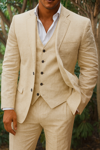 Dreiteiliges Herrenanzugset aus Leinen – Blazer, Weste und Hose, ideal für Hochzeiten und formelle Anlässe – Beige