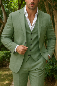 Dreiteiliges Herrenanzugset aus Leinen – Blazer, Weste und Hose, ideal für Hochzeiten und formelle Anlässe – Grün