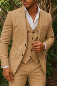 Dreiteiliges Herrenanzugset aus Leinen – Blazer, Weste und Hose, ideal für Hochzeiten und formelle Anlässe – Khaki