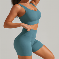 Damen Nahtloses Geripptes Yoga- & Pilates-Set – Fitness-Outfit mit Sport-BH & Leggings – Blau Grün