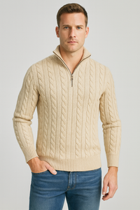 Herrenpullover | Halbzip mit hohem Kragen und Rippbündchen – Beige