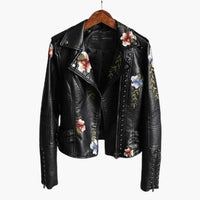 Damen Bikerjacke mit Blumenstickerei und Nieten-Details – Schwarz