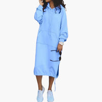 Damen Hoodie Kleid mit Kordelzugsaum und Kängurutasche – Himmel Blau