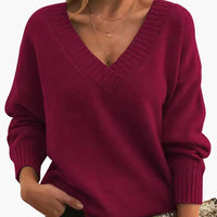 Damen Pullover mit V-Ausschnitt und langen Ärmeln – Rot