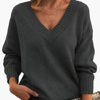 Damen Pullover mit V-Ausschnitt und langen Ärmeln – Dunkelgrau