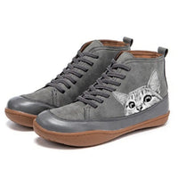 Damen Ankle Boots mit Katzenmotiv und Orthopädischer Arch Support Schnürung – Grau